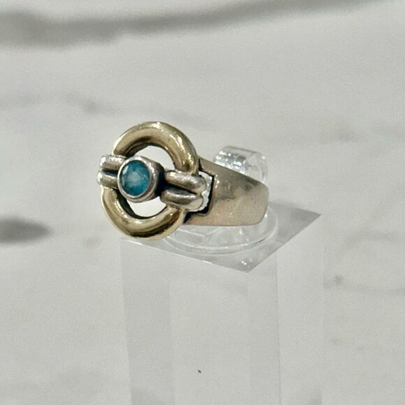 VINTAGE Semi-Precious Aquamarine Circular Silver & Gold Art Ring - Picture 1 of 12